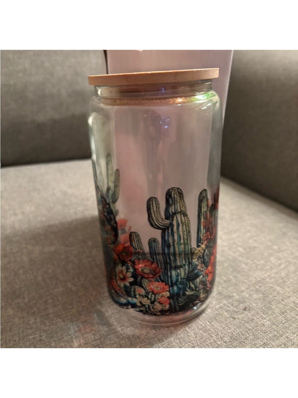 Cactus Design Glass Jar with Wooden Lid & Metal straw